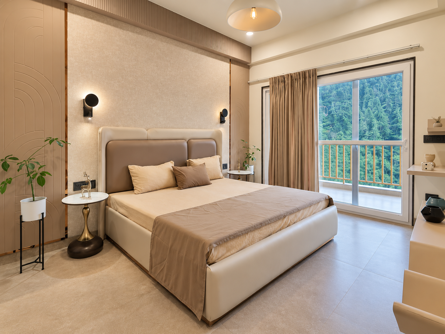 Master bedroom with balcony and forest view at Tara Devis Enclave Shimla