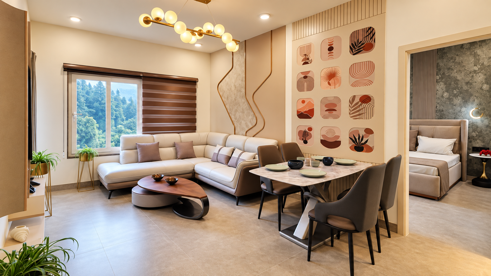 Furnished living and dining area at the Tara Devis Enclave sample flat